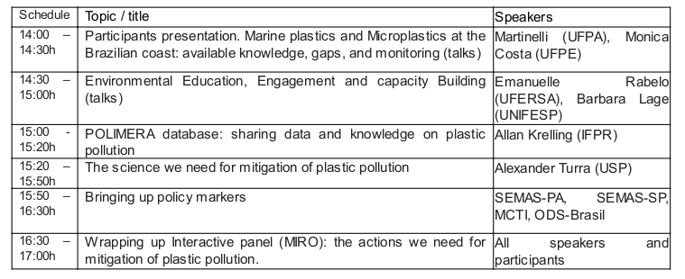 Programação Evento Plastic pollution on the Brazilian Coast from combat to mitigationh